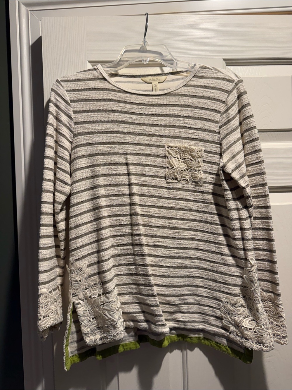 Matilda Jane Cream & Gray Striped Long-Sleeve Top with Lace Accents